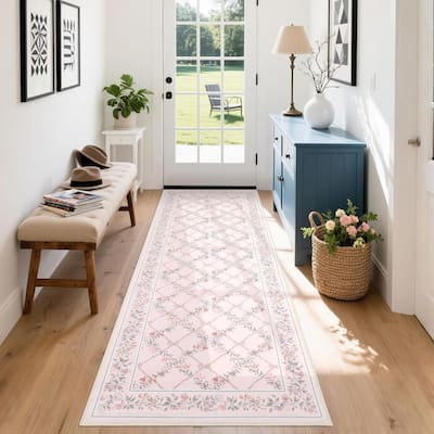 Floral Neutral Washable Hallway Low Pile Area Rug for Bedroom, Living Room, Pink Orange - 2' x 3'
