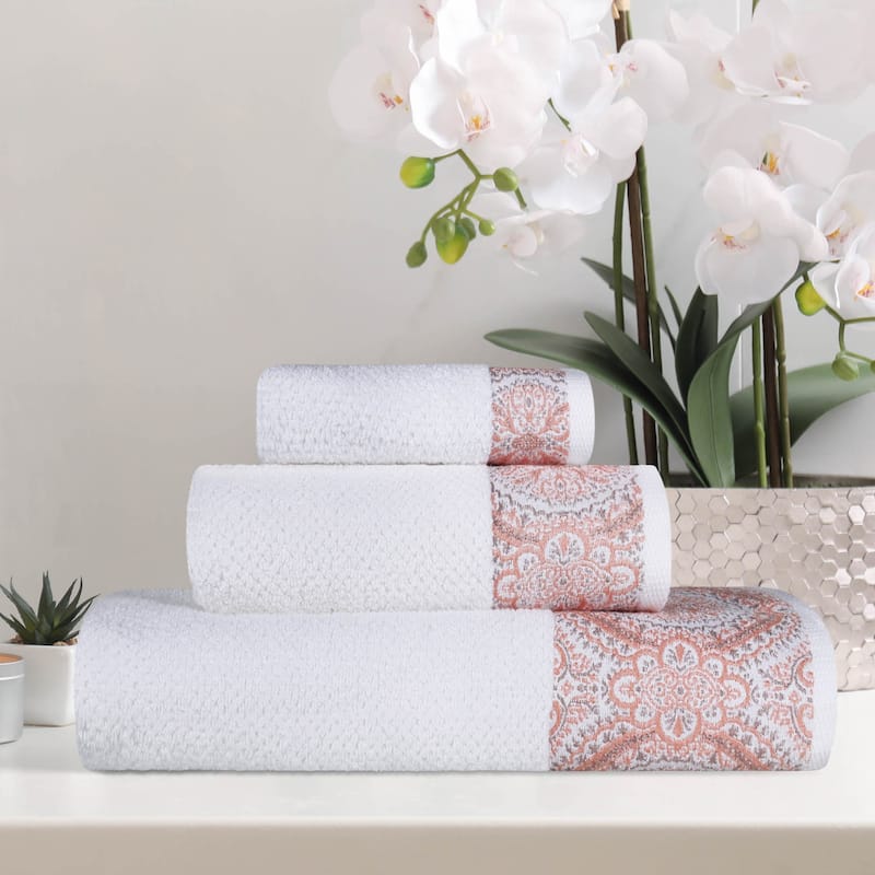 Superior Medallion Cotton Jacquard Texture 3 Piece Assorted Towel Set - White-Emberglow