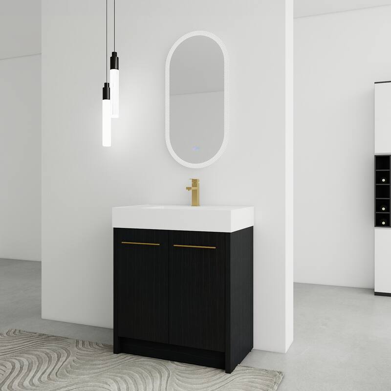 24" Bathroom Vanity with Resin Sink, Soft Close Hinges, Adjustable Storage, Black Chestnut Color, Freestanding Cabinet