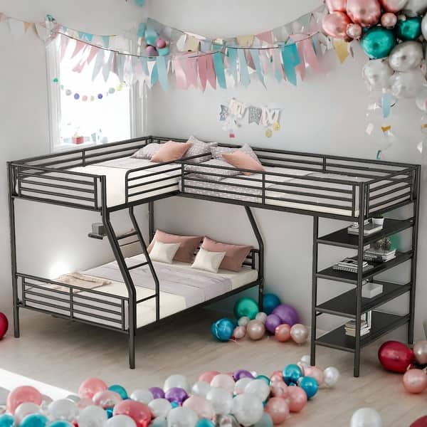 slide 2 of 10, Modern Twin Over Full L-Shaped Metal Bunk Bed 3 Beds In 1 And Twin Size Loft Bed With Four Built-in Shelves,Black