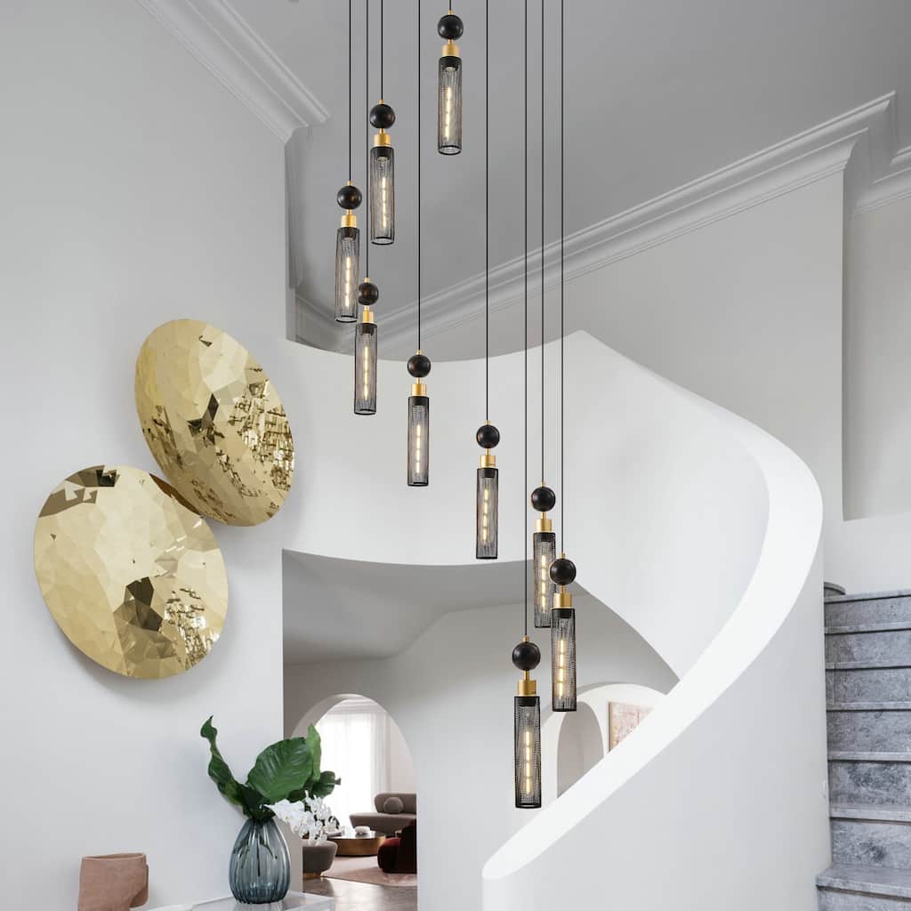 Industrial-Style 9-Light Chandelier Ceiling Light with Mesh Cylinder Shades, for Living Rooms, Dining Rooms and Staircases