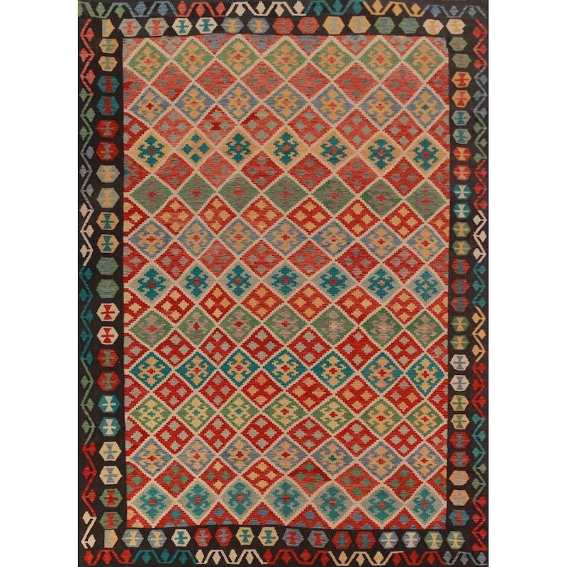Reversible Trellis Kilim Oriental Area Rug Flatweave Wool Carpet - 8'7"x 11'2"