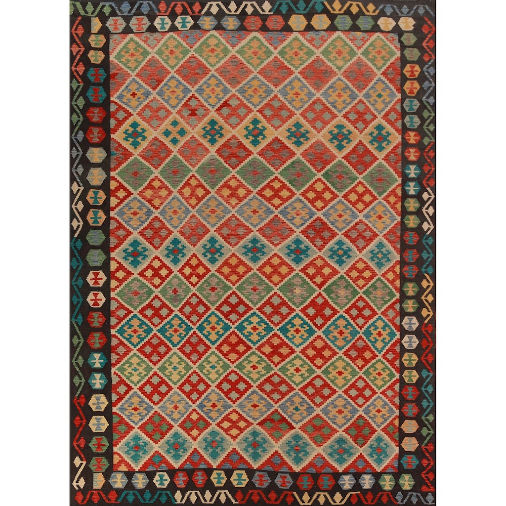 Reversible Trellis Kilim Oriental Area Rug Flatweave Wool Carpet - 8'7"x 11'2"