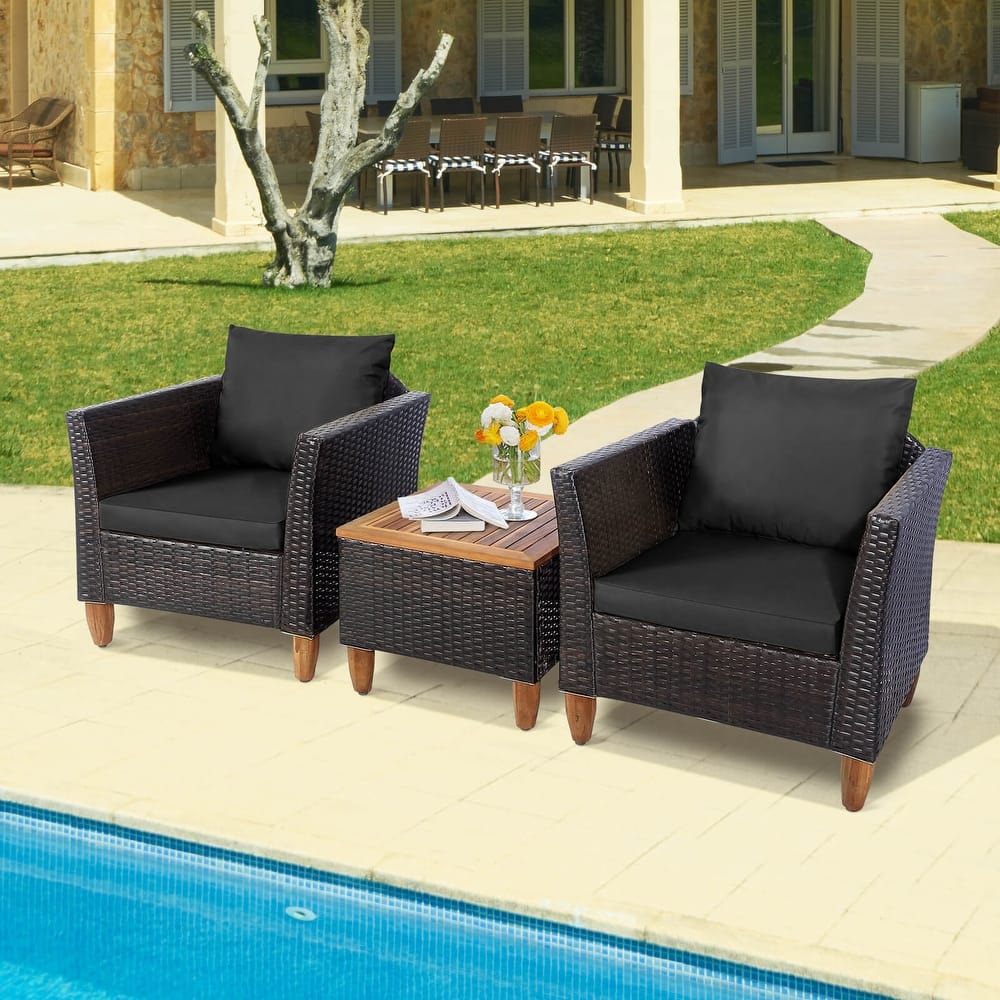 Costway 3PCS Patio Wicker Rattan Sofa Set Furniture Acacia Wood
