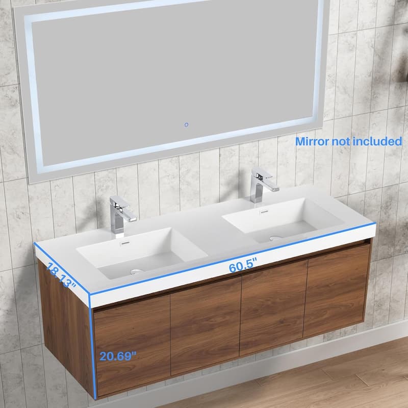 Blossom 60" Wall Mount Vanity with Double Acrylic Sink, Modern Design