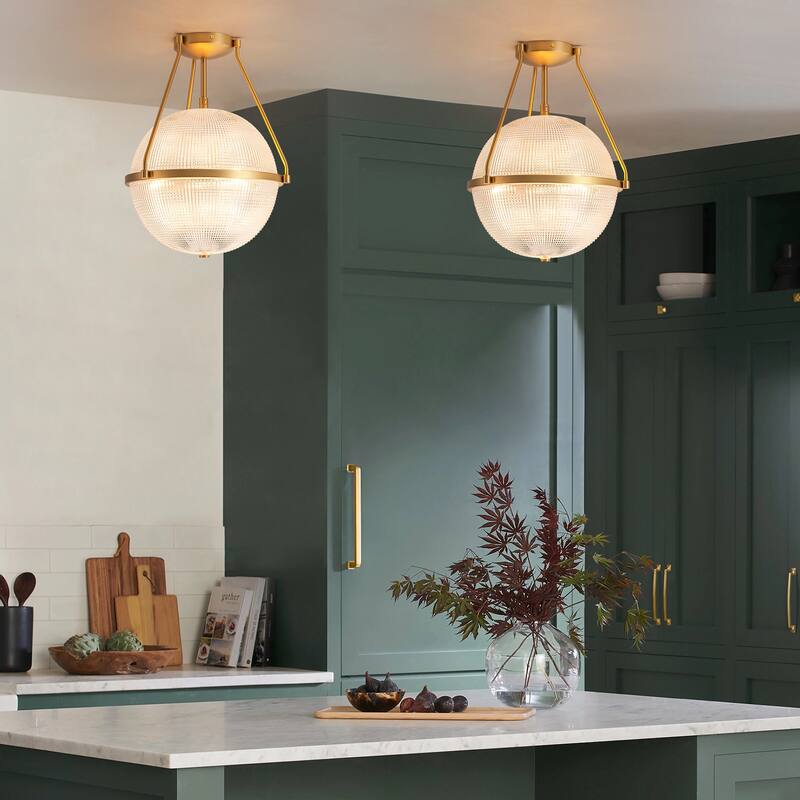 3-Light Mid-Century Modern Grid Textured Glass Globe Bubble Semi-Flush Mount Light for Dining Room - 13.7 in. W x 17.1 in. H