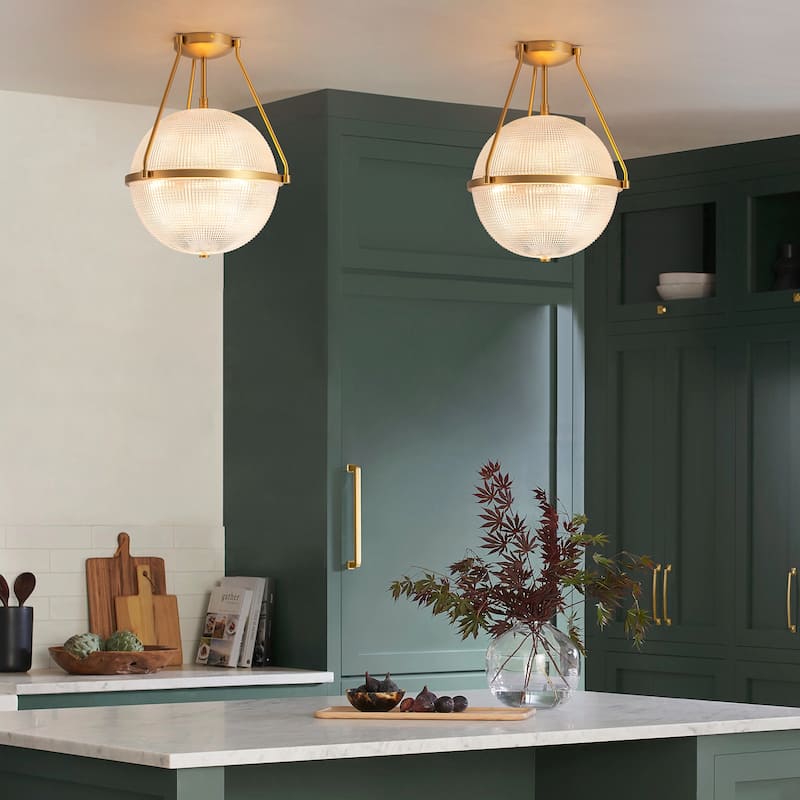 3-Light Mid-Century Textured Glass Globe Bubble Sphere Semi-Flush Mount Ceiling Light For Kitchen Island - gold