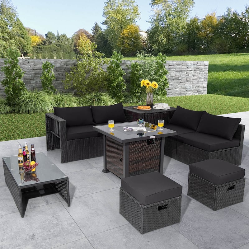 Costway 9 PCS Patio Furniture Set with 32" Fire Pit Table 50,000 BTU - See Details - Black