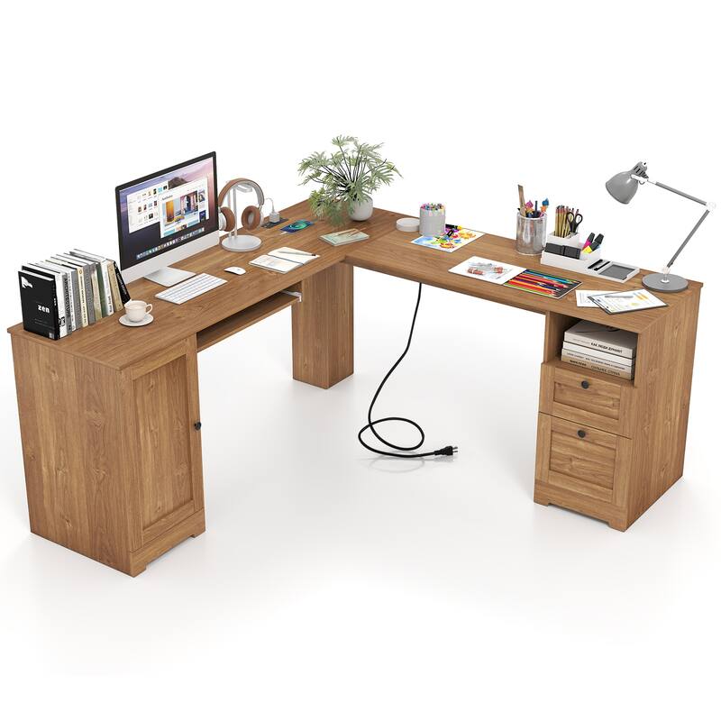 Gymax 66 Inch L-Shaped Computer Desk Spacious Corner Desk w/ Drawers & - Oak