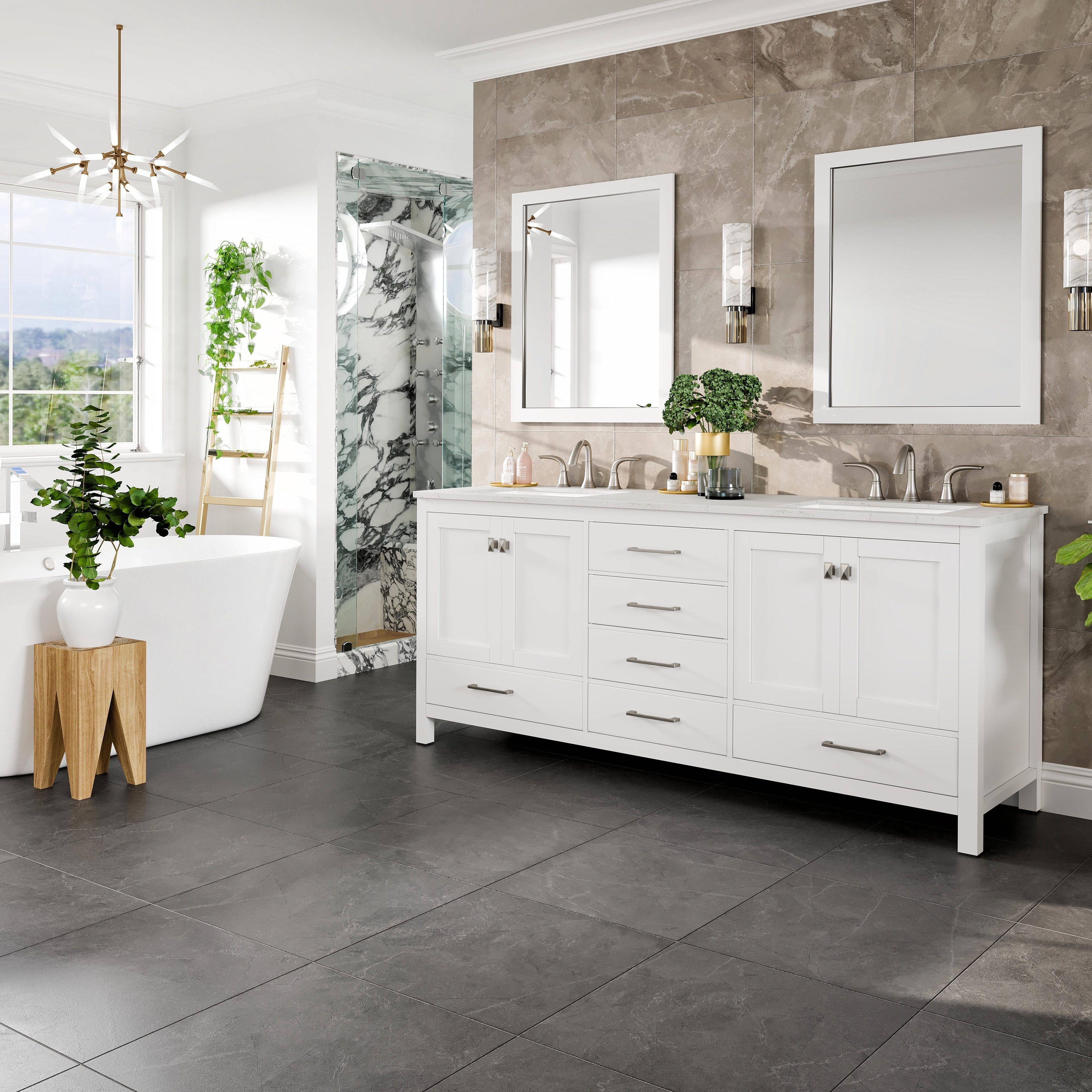 Eviva Aberdeen 78"W x 22"D White Double Sink Vanity with White Carrara Quartz Vanity Top and Rectangular Undermount Sinks