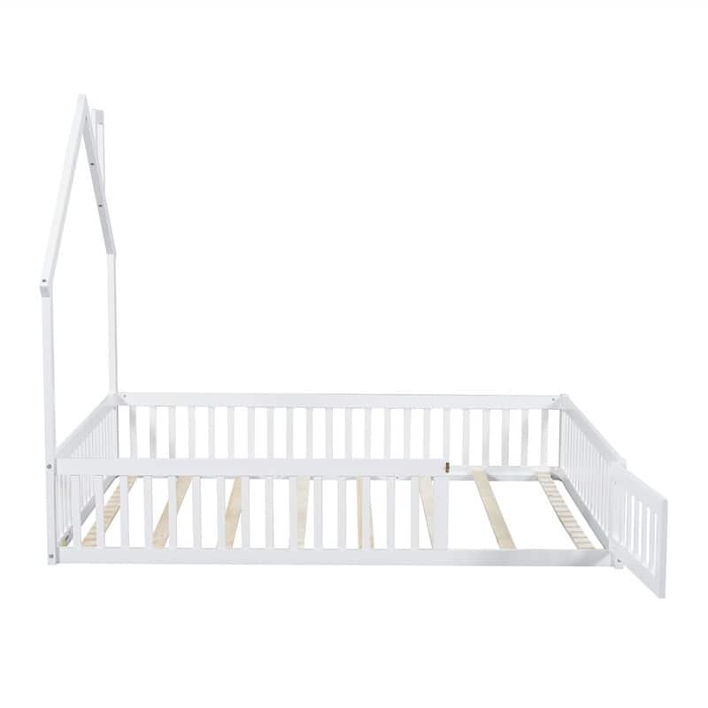 Full Size Montessori Floor Bed with Door and Safety Guardrails, Wood House-Shape Headboard House Floor Bed with Fence for Kids