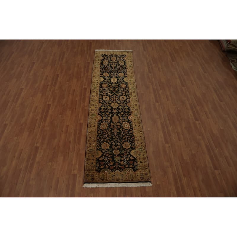 Hand Knotted Oriental 100% Wool Carpet Traditional All-Over Black Peshawar Runner Rug - 12' 1'' X 3' 3''