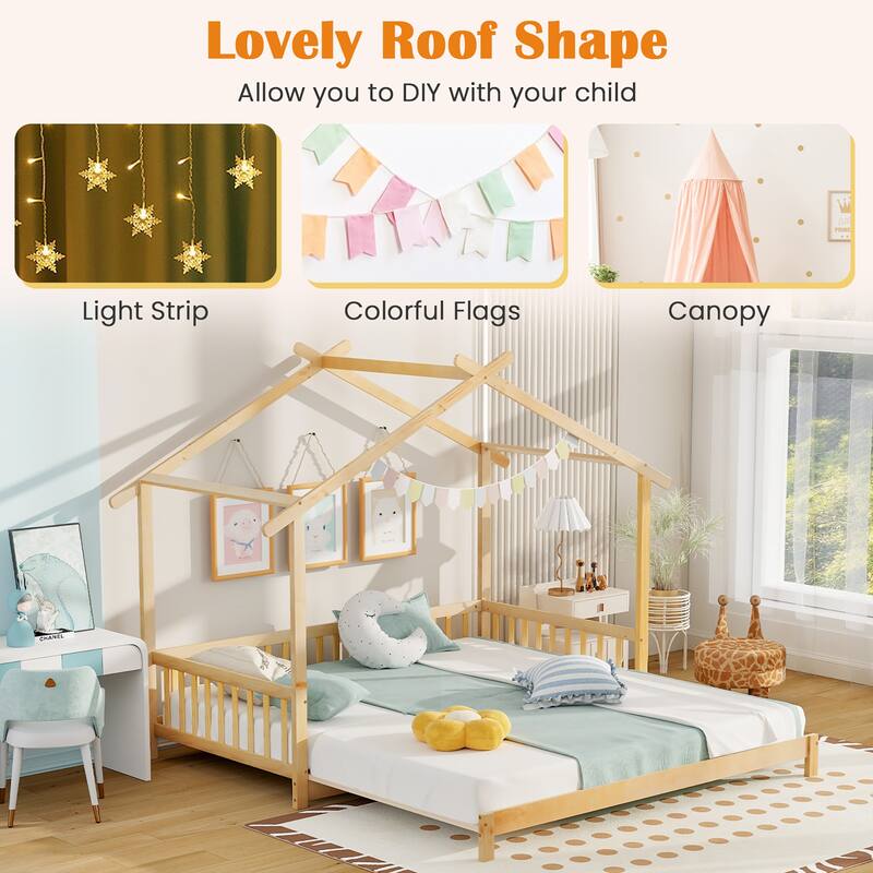 Gymax Wooden House Bed Twin to King Daybed w/ Safety Rails & Decorable