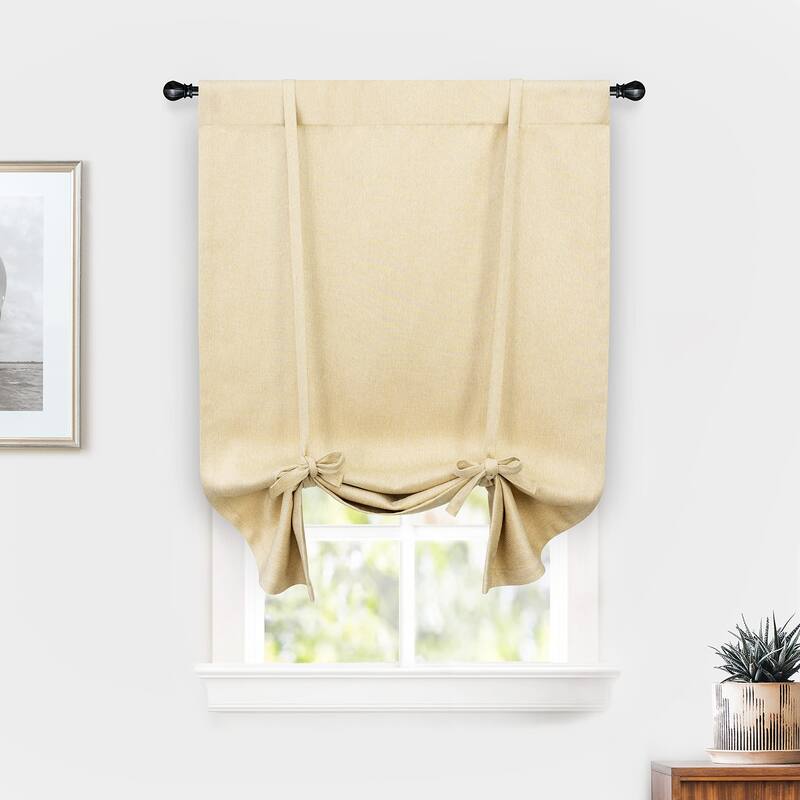 DriftAway Faux Linen Textured Solid Color Blackout Tie Up Curtain for Kitchen Adjustable Balloon Rod Pocket Window Curtains - 25" Width X 47" Length - Beige