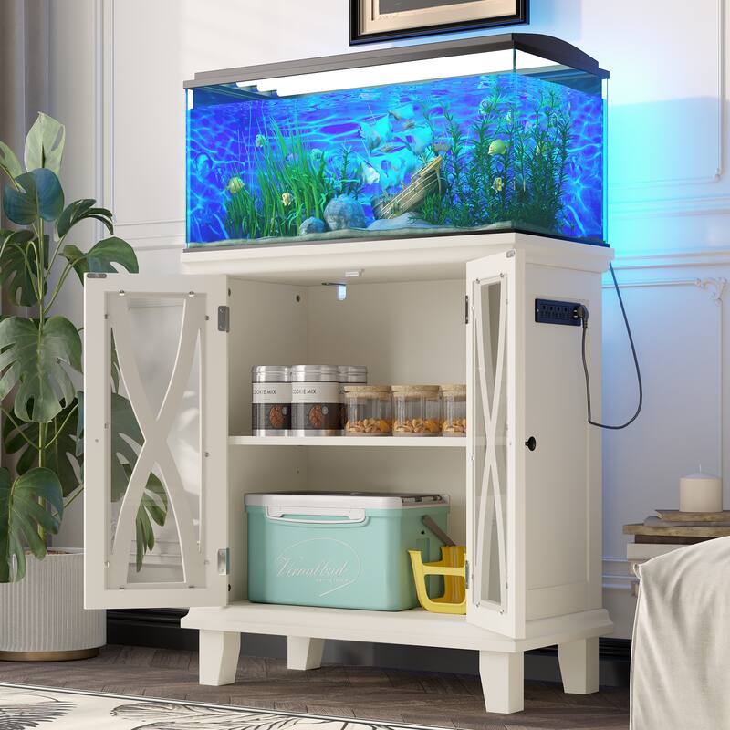 Anmytek Farmhouse 10-20 Gallon Aquarium Tank Stand with Power Outlets, Adjustable Shelves and Storage Cabinet