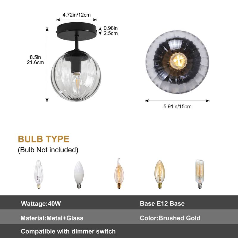 Modern Single Semi Flush Ceiling Light with Metal Base & Ribbed Gray Glass Globe Shade