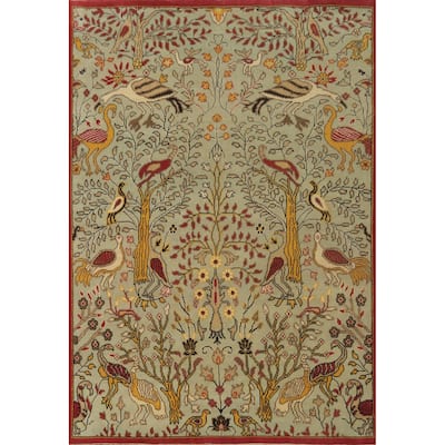 Hand-knotted Traditional Wool Green Floral Oriental Area Rug - 9' 8'' X 7' 9''
