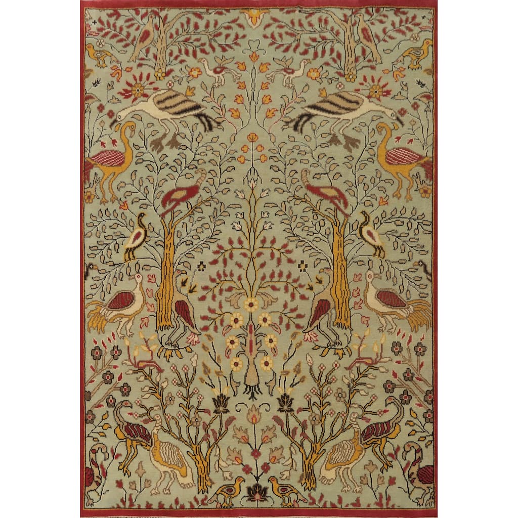 Hand-knotted Traditional Wool Green Floral Oriental Area Rug - 9' 8'' X 7' 9''