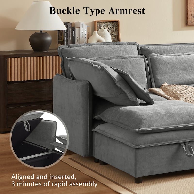Double-Layer Cushion Modern U-Shaped 6-Seater Modular Sofa with Storage, Convertible to Bed