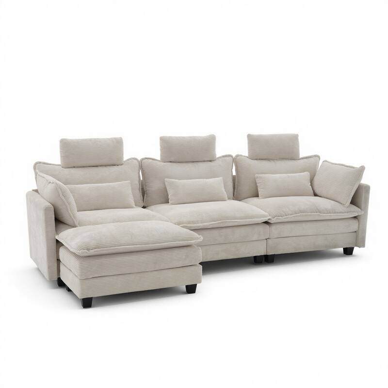Modern Cream Corduroy 4-Seater Sectional Sofa with Adjustable Headrests, Pocket Spring Seats & Chaise Lounge