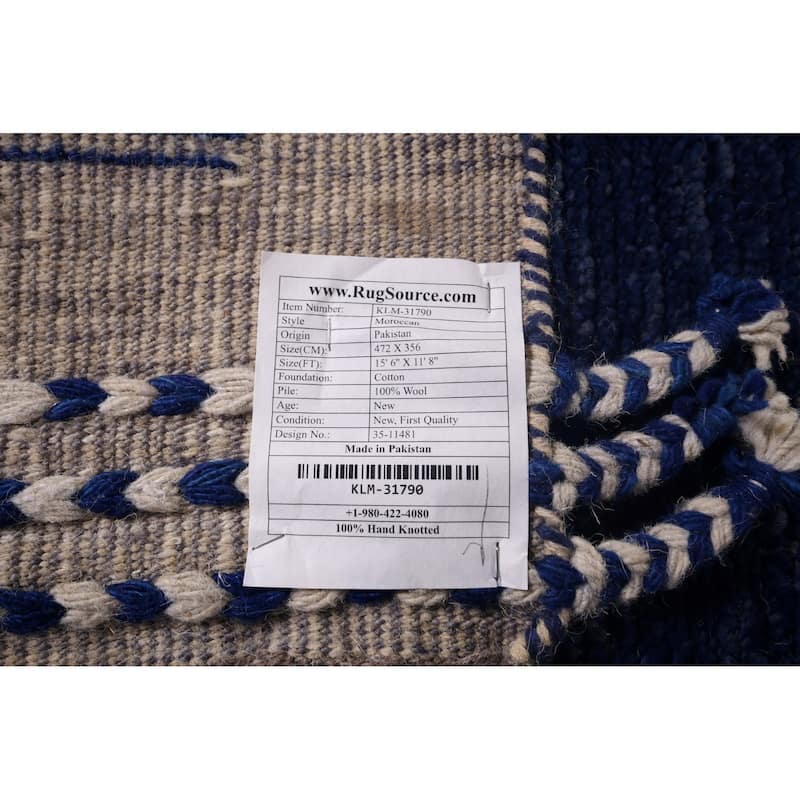 Blue Geometric Moroccan Modern Large Area Rug Hand-Knotted Wool Carpet - 11'8"x 15'6"