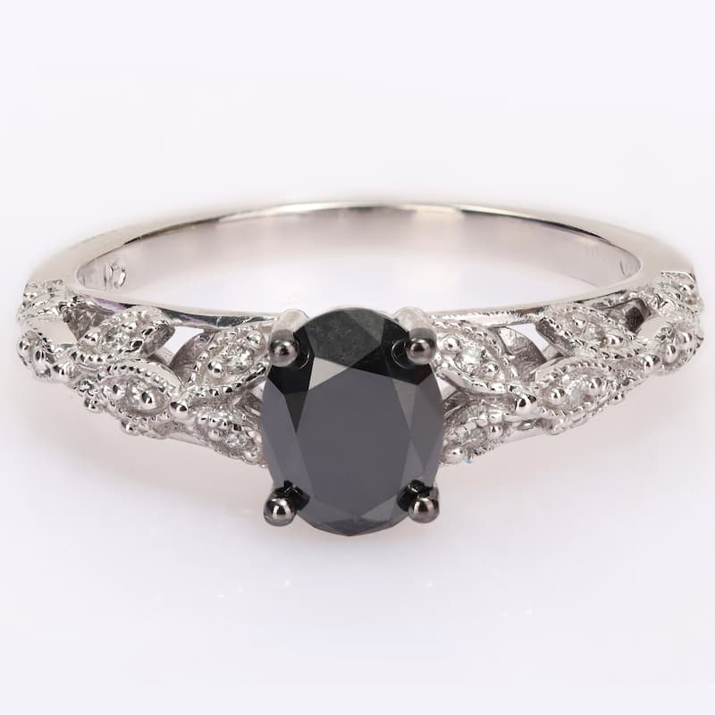 Miadora 1ct TDW Oval-cut Black and White Diamond Vintage Leaf Engagement Ring in 14k White Gold