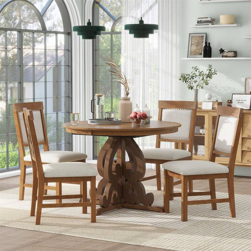 5-Piece Retro Dining Set, Extendable Table and 4 Upholstered Chairs