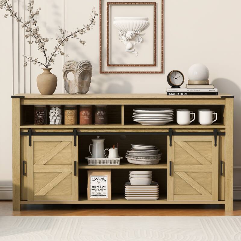 Buffet Cabinet with Sliding Barn Door and Mesh Panels, Open Storage - Natural