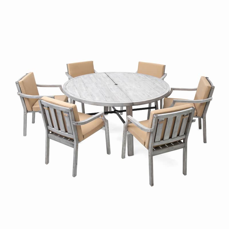 6-Person Outdoor Dining Set Wooden Umbrella Hole Removable Cushions Antique Gray