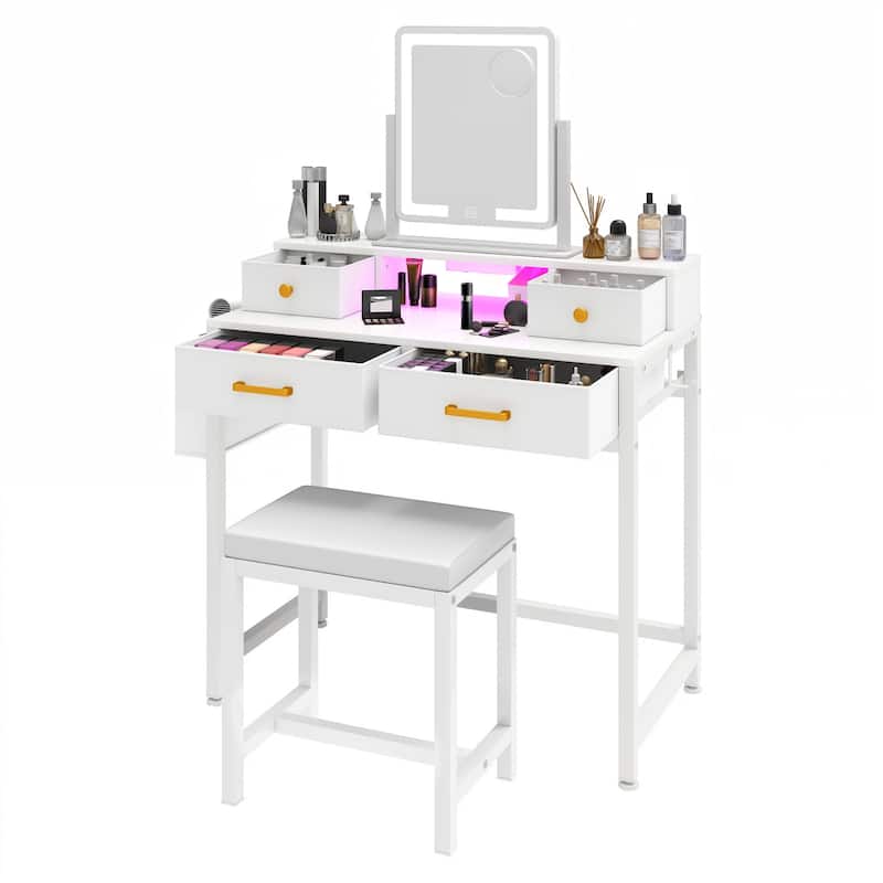 Vanity Desk with Mirror & Lights, Cream White Makeup Table Set with Stool - 31.5''W X 21.5''D X 30''H - White - 31.5''W X 21.5''D X 30''H