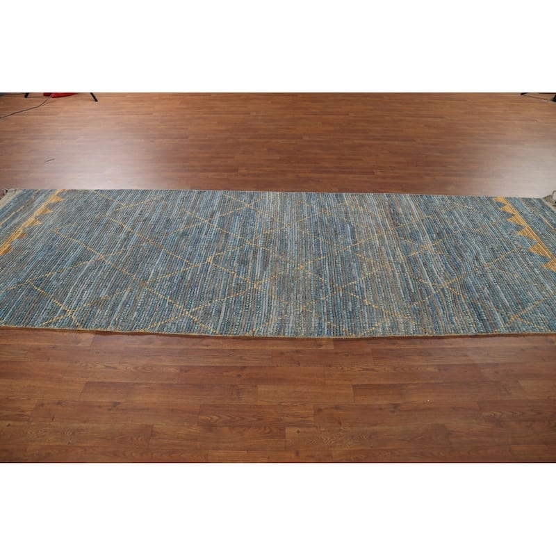 Trellis Blue Moroccan Oriental Runner Rug Hand-Knotted Wool Carpet - 4'0"x 12'3"