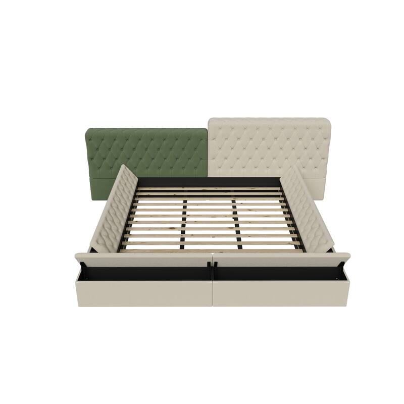 King Size Special-shaped Fully Upholstered Platform Bed with Deep Button Tufting and Storage