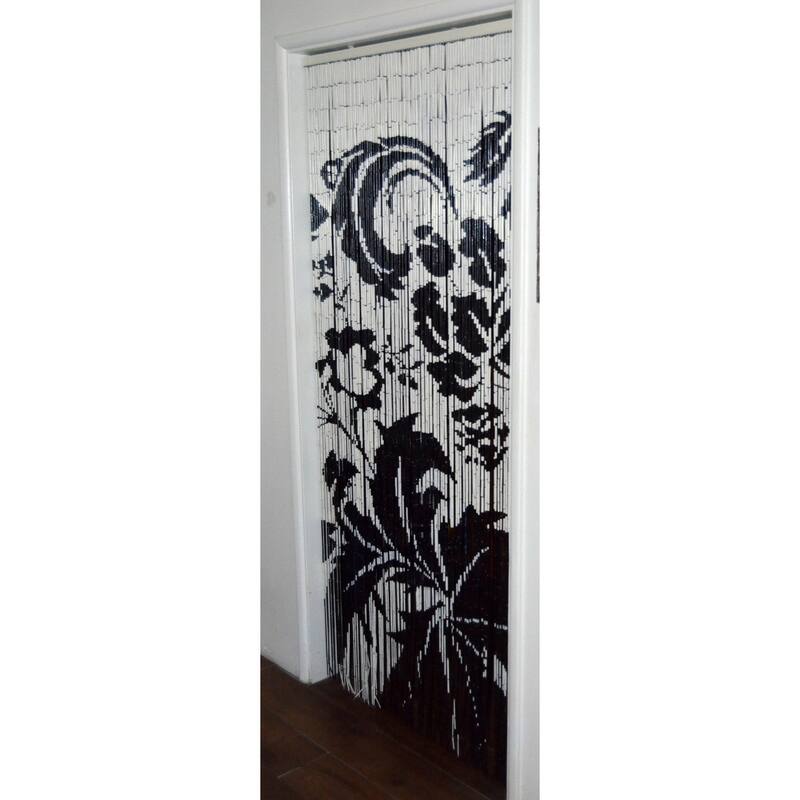 Handpainted Black and White Floral Indoor Bamboo Curtain - 36 x 80