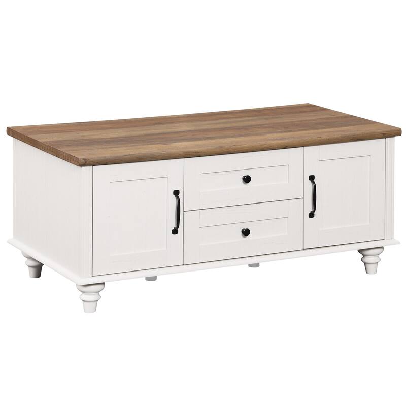 Farmhouse Coffee Table with Cabinets & Drawers, Wooden Center Table