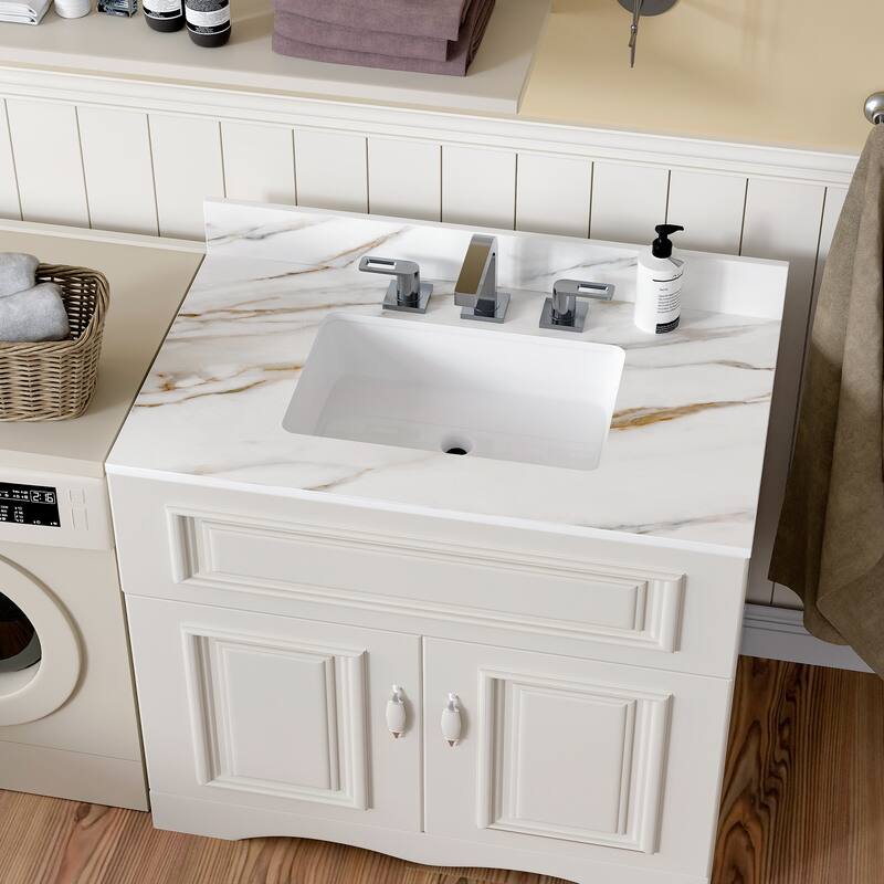 31 Inch Marble Vanity Top,Bathroom Vanity Top with Undermount Rectangular Middle Sink and 4 Inch Height Backsplash