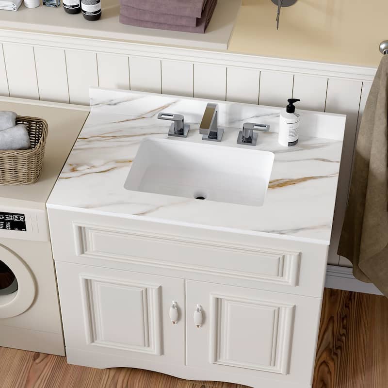 37 Inch Bathroom Marble Vanity Top,Undermount Middle Sink,4" Height Backsplash,Pre-Drilled 8 Inch Faucet Hole Spread Vanity Top