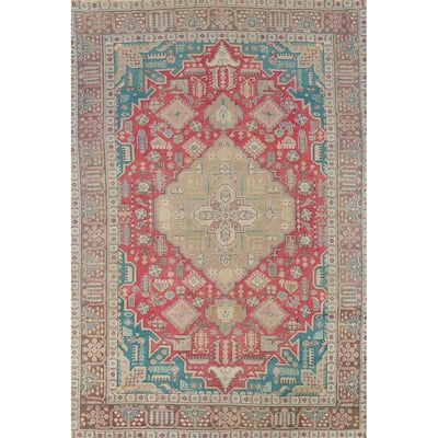 Pink Red Geometric Tabriz Persian Area Rug Hand-Knotted Wool Carpet - 6'6"x 9'10"