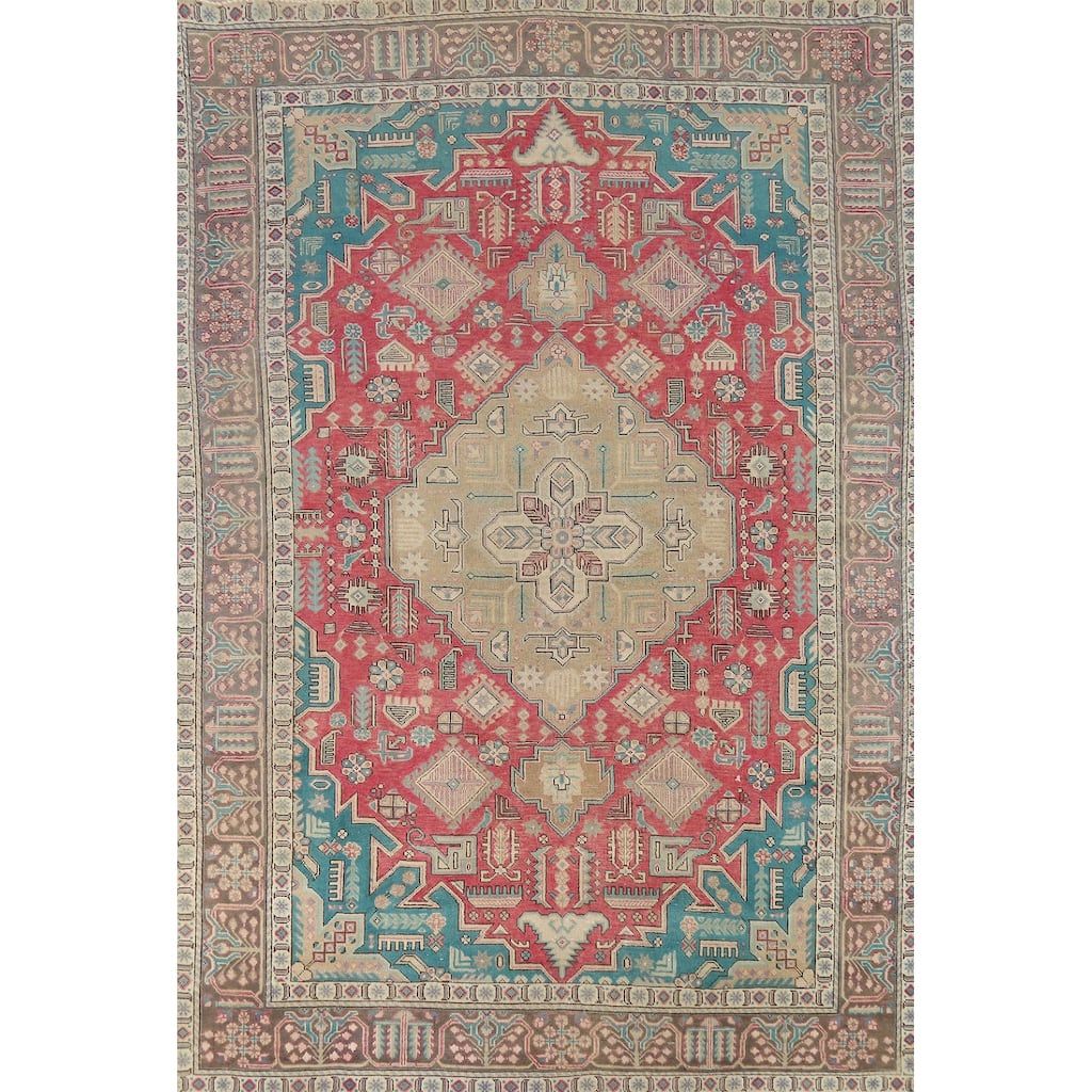 Pink Red Geometric Tabriz Persian Area Rug Hand-Knotted Wool Carpet - 6'6"x 9'10"