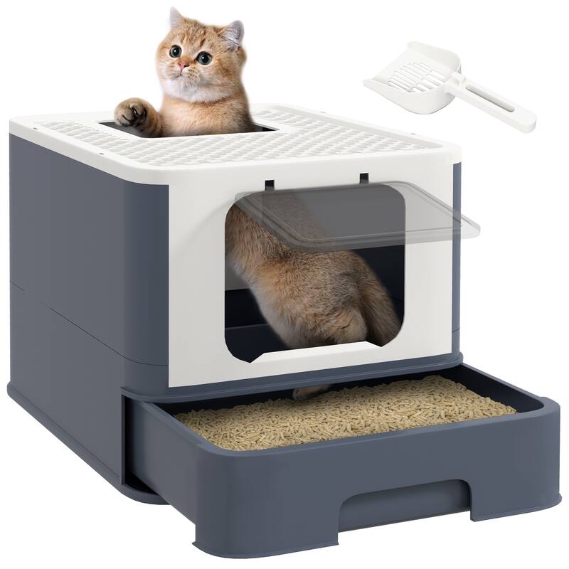 PawHut Cat Litter Box with Lid & Scoop for Large Cats Up to 13 lbs., White