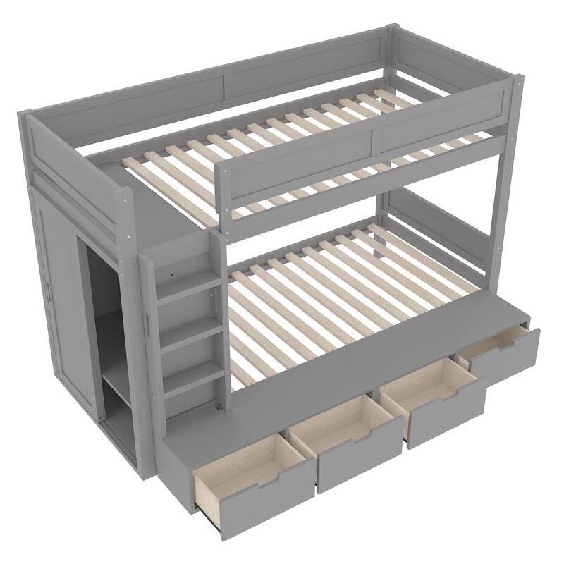 Roomfitters Twin over Twin/Full Bunk Bed with Wardrobe and 4 Drawers, Solid Wood Frame