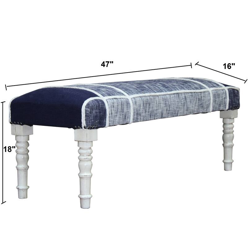 Sevita Minimal Modern Plaid Bench with White Legs 16"W x 47"L x 18"H - 16"W x 47"L x18"H