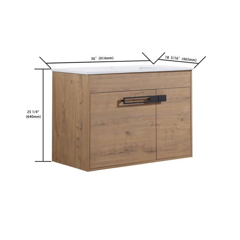 Bathroom Vanity with Ceramic Sink, Soft-Close Doors, Adjustable Shelf, Eco-Friendly Plywood - 36in L Plywood