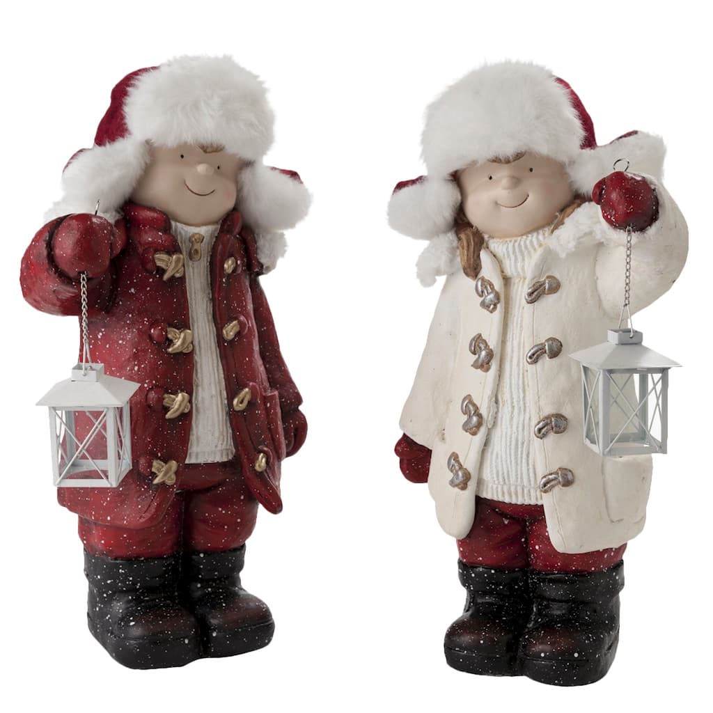 Children with Solar Lanterns Figurines, Set of 2 - Multi - Color