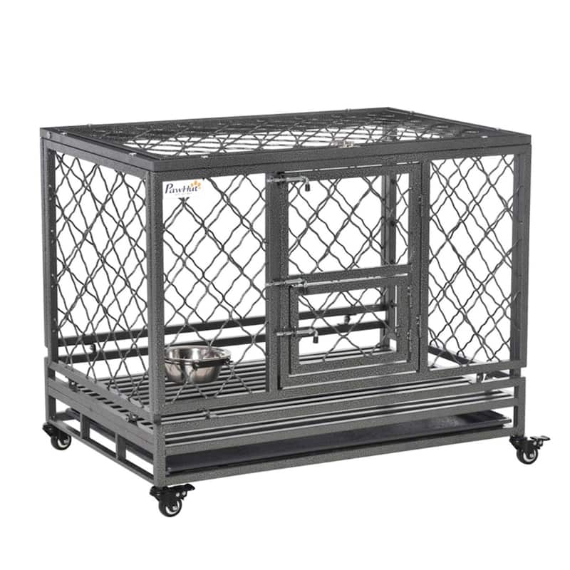 Heavy-Duty Dog Crate with Steel Frame, 2 Access Doors & Removable Tray, 4 Locking Wheels - 36.5"L x 24.5" W x 30.25"H - Black