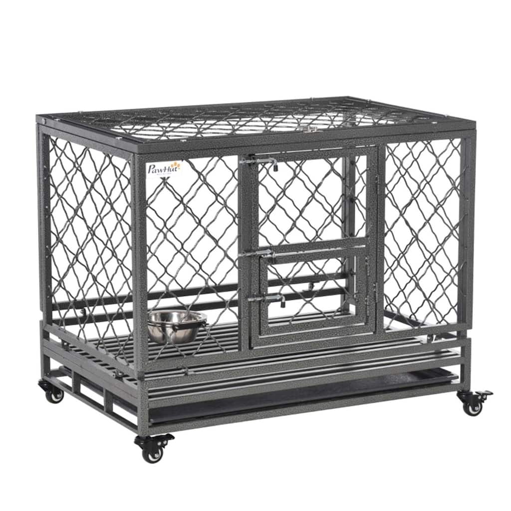 Heavy-Duty Dog Crate with Steel Frame, 2 Access Doors & Removable Tray, 4 Locking Wheels - 36.5"L x 24.5" W x 30.25"H