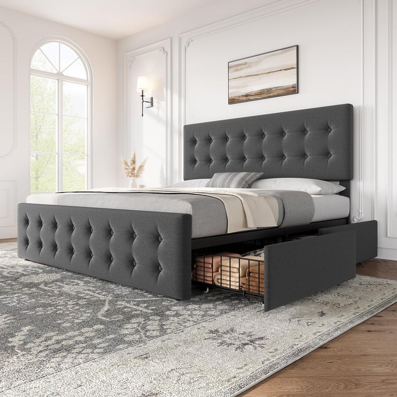 Upholstered Bed with 4 Drawers and Adjustable Button-Tufted Linen Headboard
