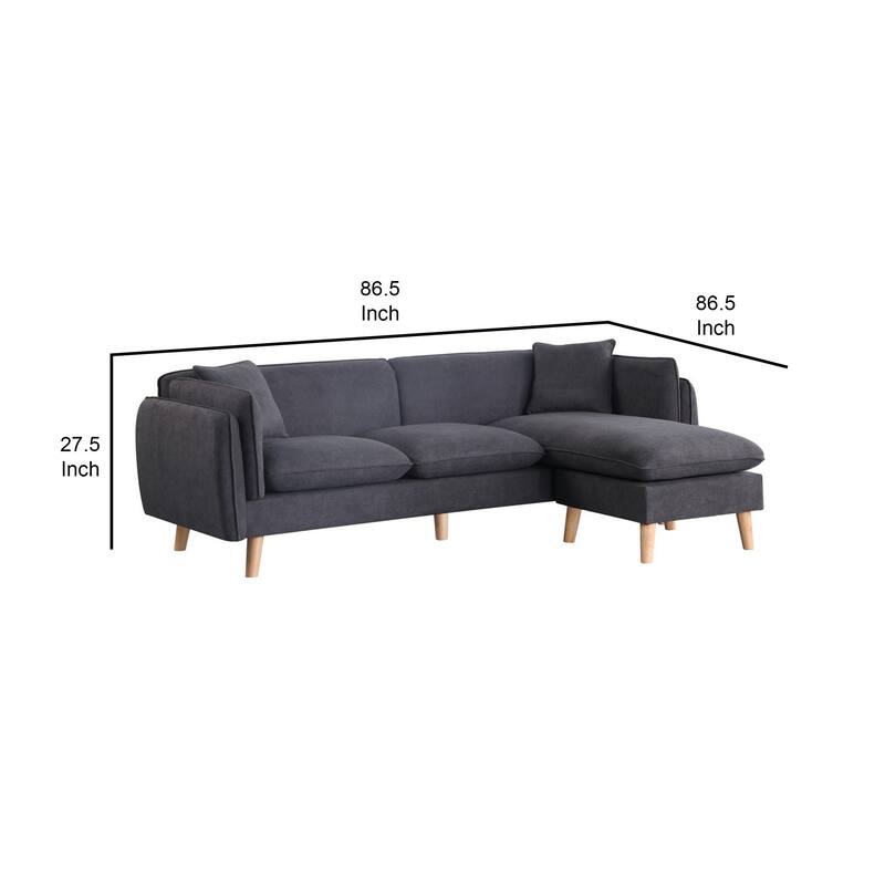 Maci 87 Inch Sectional Sofa, Reversible Chaise, Dark Gray Fabric, Wood Legs