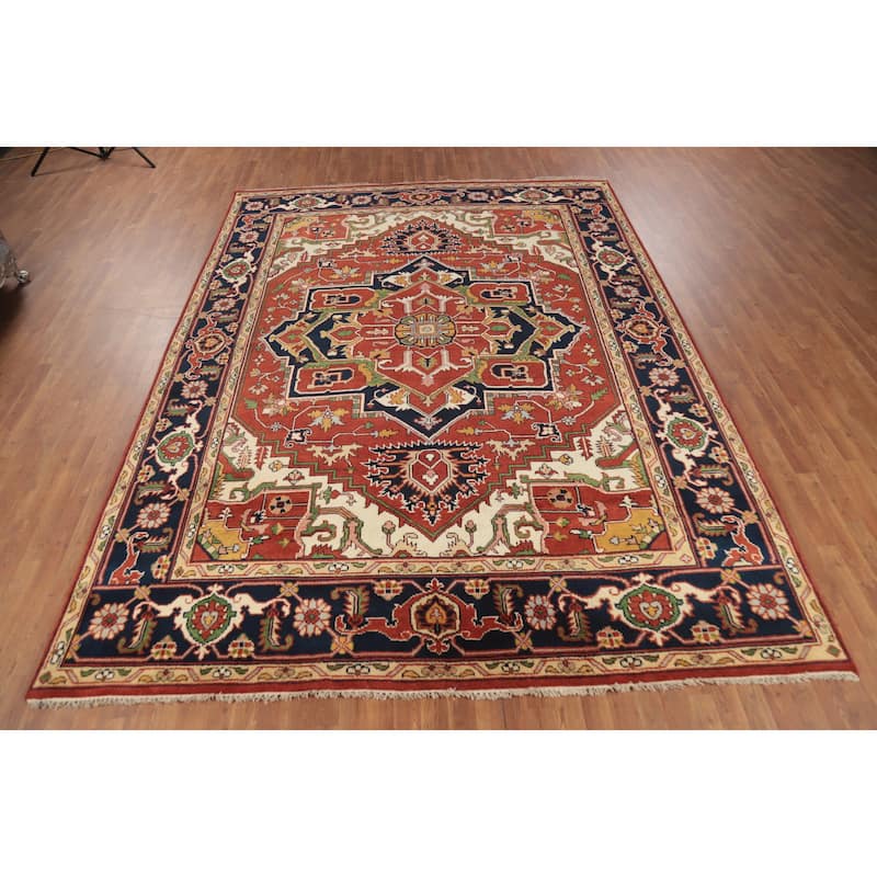 Orange Geometric Heriz Serapi Indian Area Rug Hand-Knotted Wool Carpet - 8'11" x 11'11"