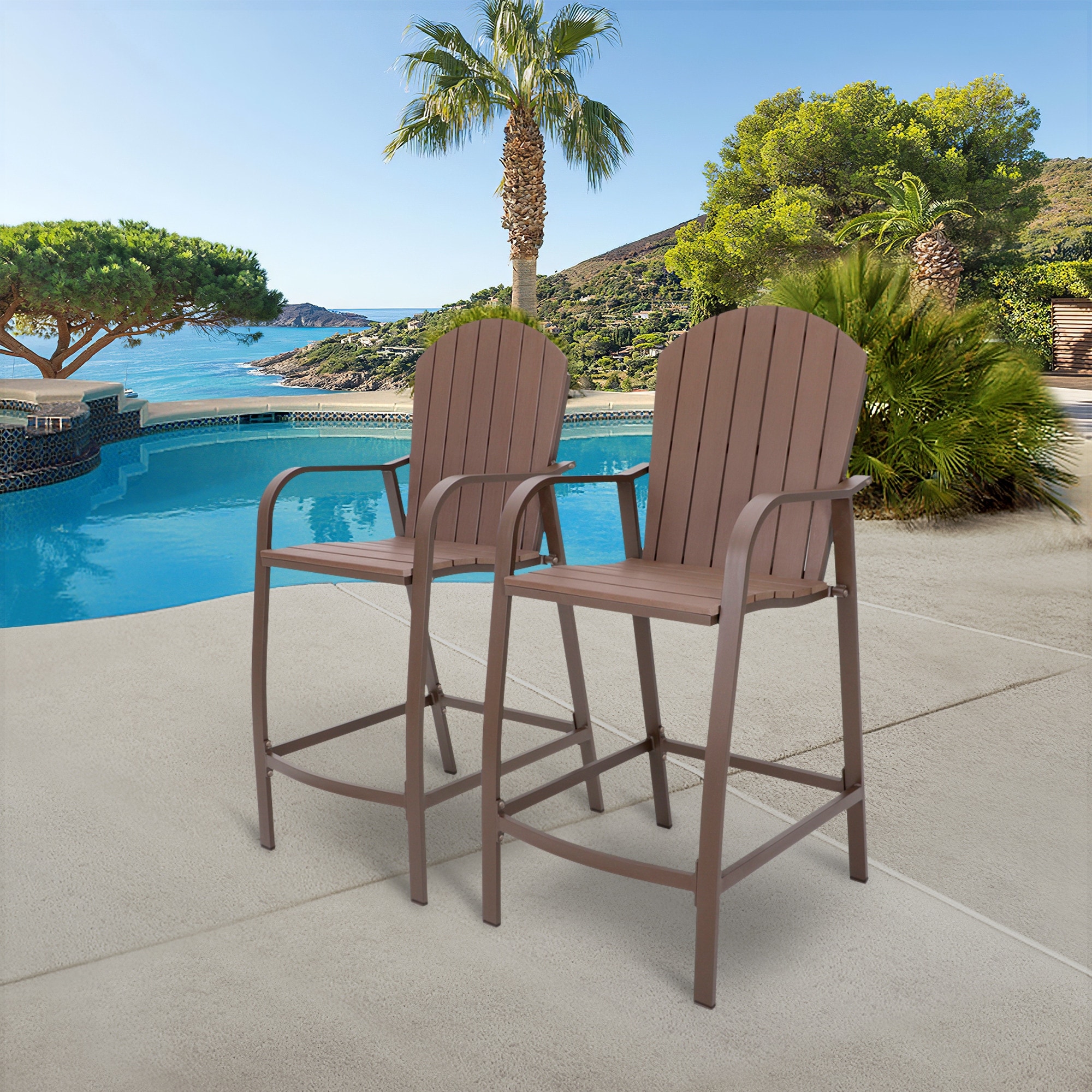 Outdoor Patio Bistro High Chairs Furniture with Armrest 2pcs Bar Stools Brown 