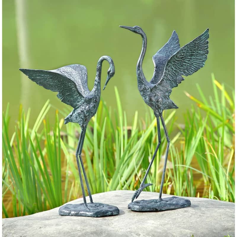 Exalted Crane Verdigris Finish Pair Of Aluminum Statues - 28.5 X 10.5 X 6 inches